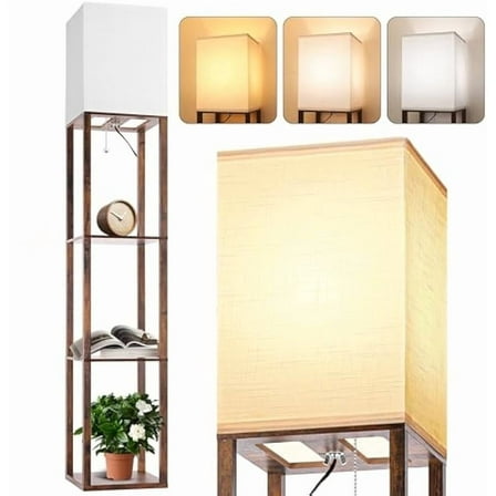 Living room brown shelf floor lamp, shelf floor lamp with white linen lampshade