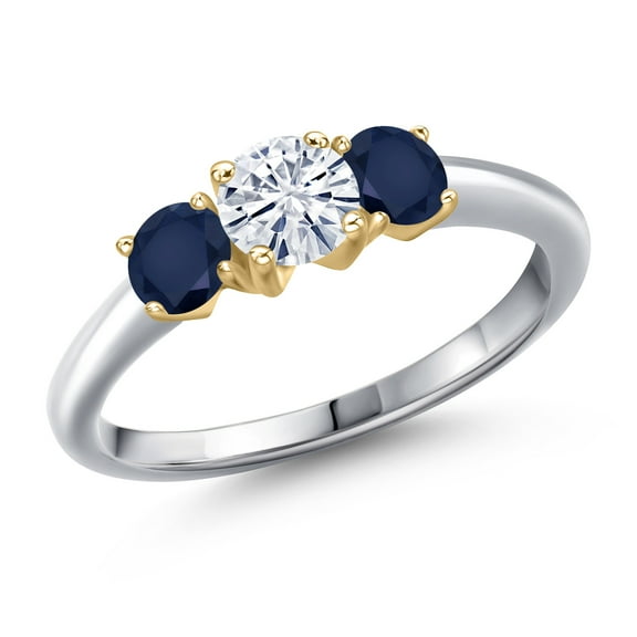 Gem Stone King 925 Silver and 10K Yellow Gold White Moissanite and Blue Sapphire Engagement Ring for Women | 1.20 Cttw | Round 5MM | Gemstone Birthstone | Size 6