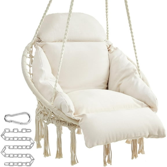 Hammock Chair with Large, Thick Cushion, Boho Swing Chair for Bedroom, Patio, Balcony, Garden, Holds up to 264 lb, Accessories Included, Cream White