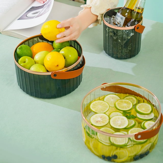 Fiudx Cesta de Almacenamiento Transparente, Cubo de Hielo Multiusos, Correa de Cuero Ligera, Ideal para El Hogar, La Cocina, Picnic Al Aire Libre, Almacenamiento de Bebidas, Tamaño 21 X 10 Cm