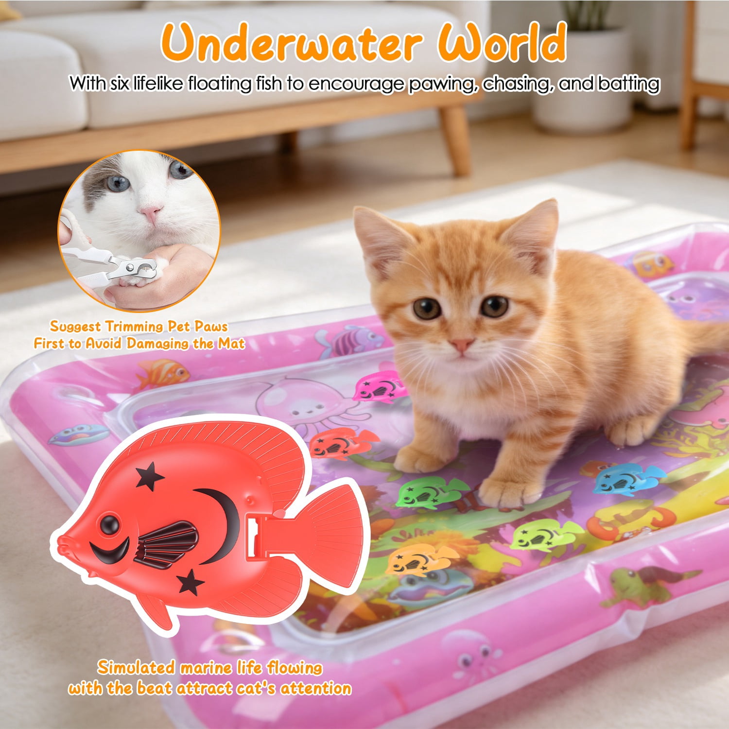 Imountek Thickened PVC Cat Water Mat Interactive Sensory Play Mat with LED Changing Light Floating Fish Toys for Indoor Cats Kittens, Blue
