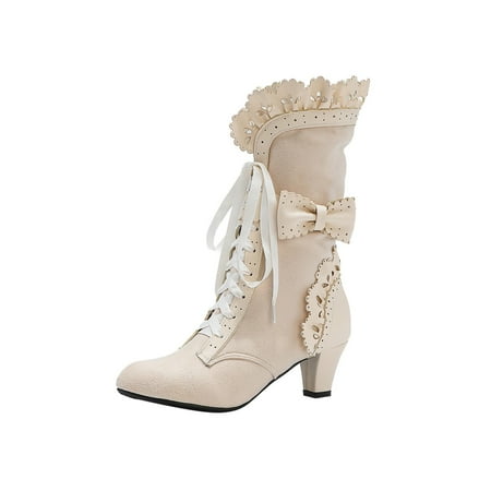 

Womens Shoes Winter Fashion Bandage Riding Boots Casual Warm High Heels Bowknot Retro Middle Tube Boots Casual Vintage Cowboy boots Retro Cowgirl Boots for Women