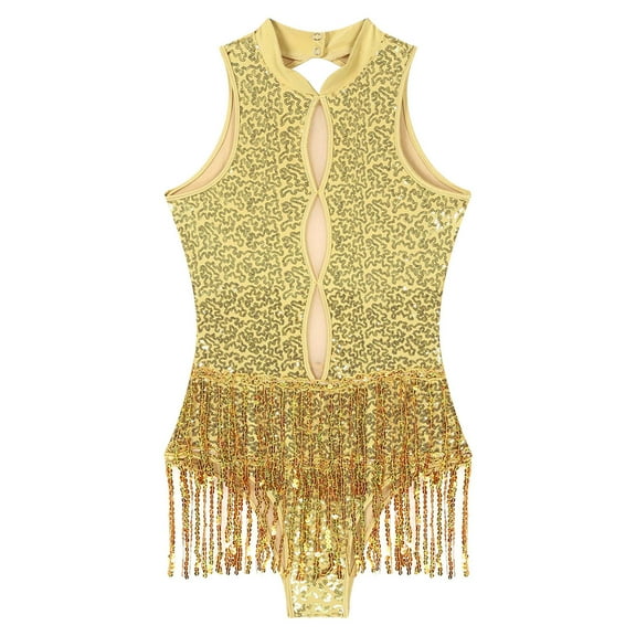 Raenseen Women Shiny Sequins Fringed Tassel Leotard Bodysuit Latin Jazz Dance Samba Salsa Ballroom Gold M