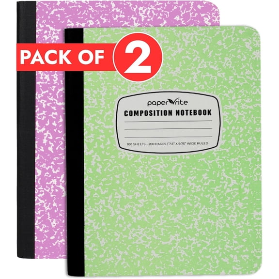 Paper Rite Wide Ruled Composition Notebook 9.75 x 7.5 in, 200 Pages, Green & Pink, Pack of 2
