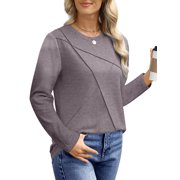 UVN Blouses for Women Pleated Long Sleeve Shirts Casual Crew Neck Tunic Tops