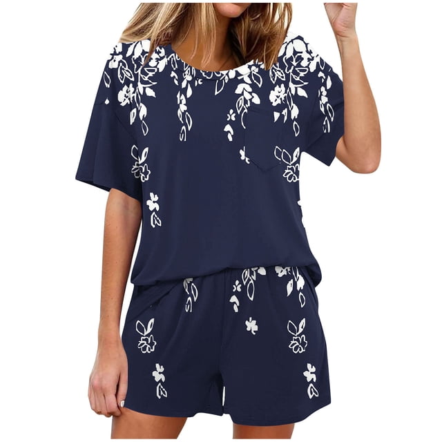 DPTALR Ensemble de Pyjama Décontracté à Manches Courtes et Col Rond pour Femmes, Couleur Unie, avec Pantalon