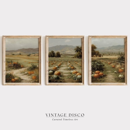 Pumpkin Patch Triptych Wall Art Print With Rustic Farmhouse Fall Landscape Decor