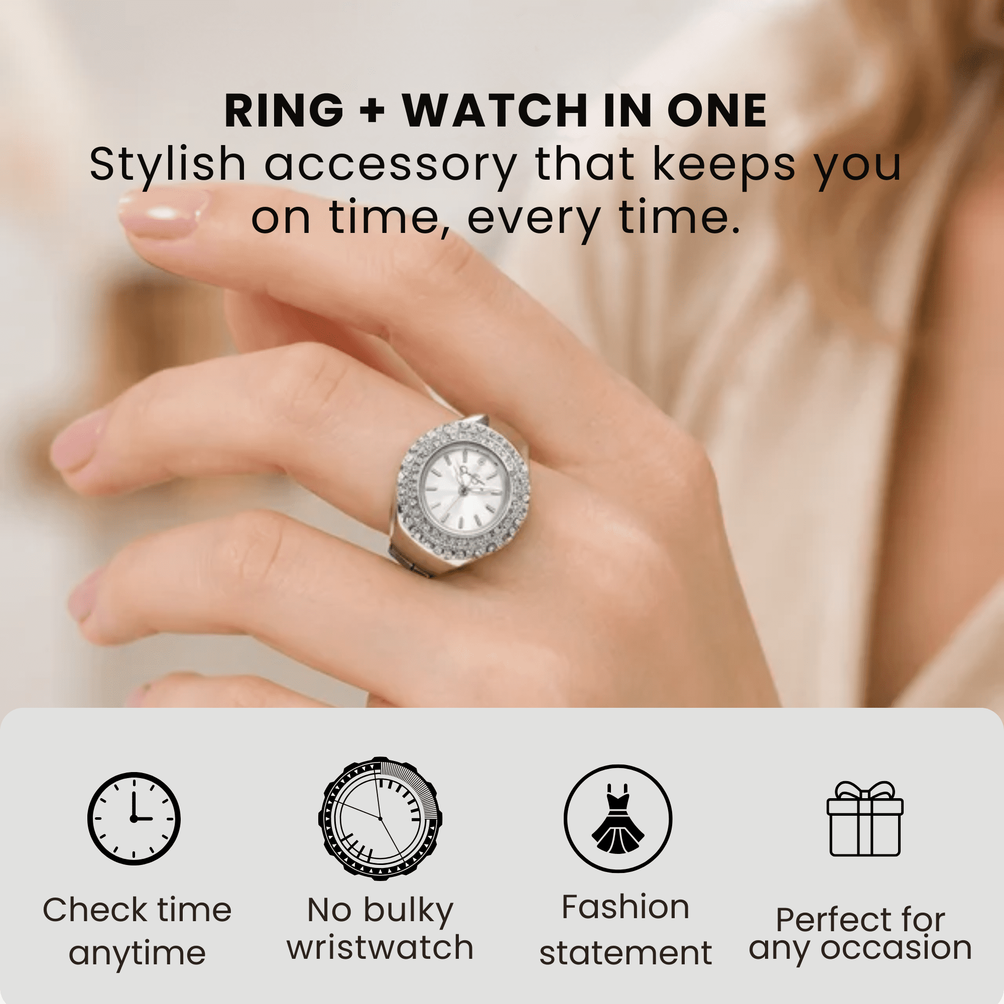 Jessica Simpson Women's Silver Adjustable Ring Watch – Crystal Bezel, Quartz Analog Mini Dial, Stretch Band Fashion Jewelry Accessory