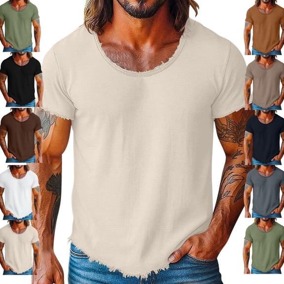 Gamivast Linen T Shirts for Men Scoop Neck Short Sleeve Casual Daily T Shirts Cotton Regular Fit Solid Edge Soft Stretchy Tshirts Shirts Summer Tops