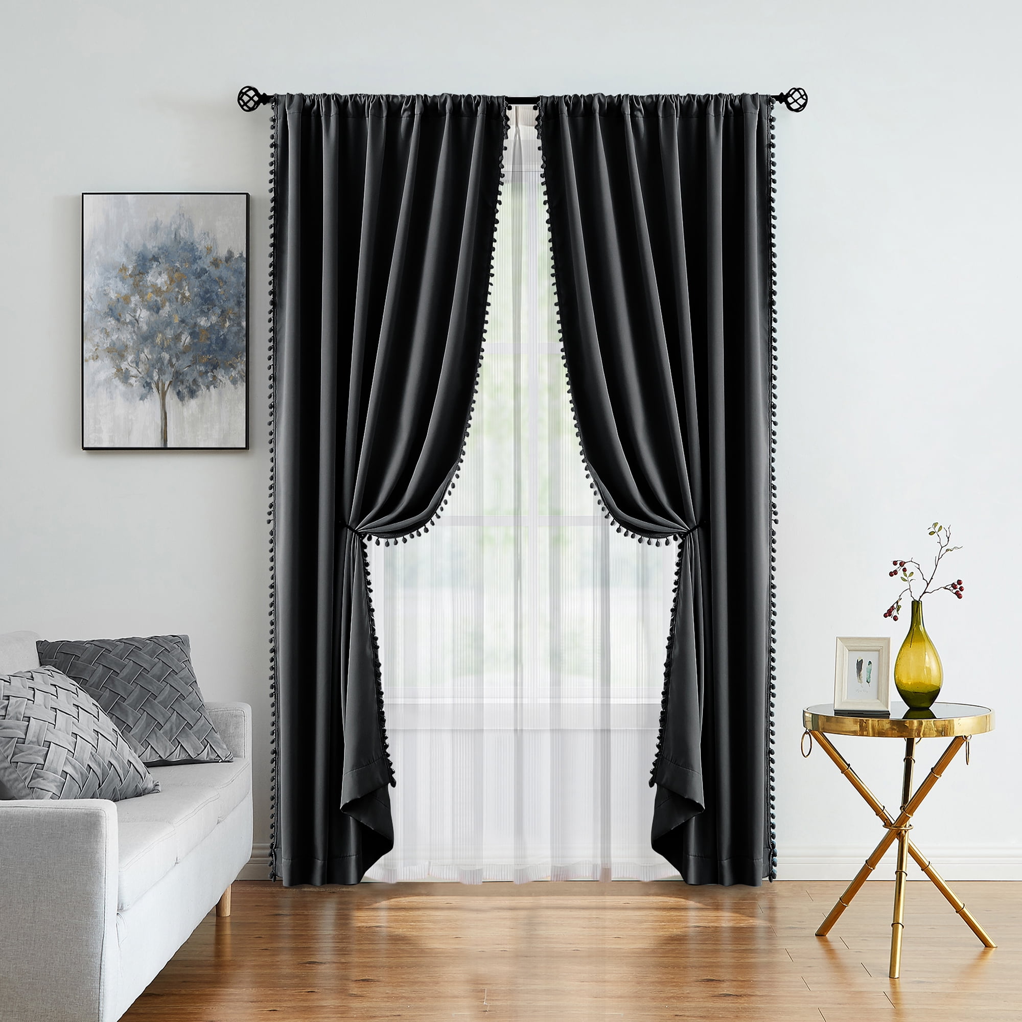 Exultantex Pompom Black Curtains Thermal Insulated Blackout Window Curtain Panels for Room Décor, 50"W x 54"L,Rod Pocket,2 Panels