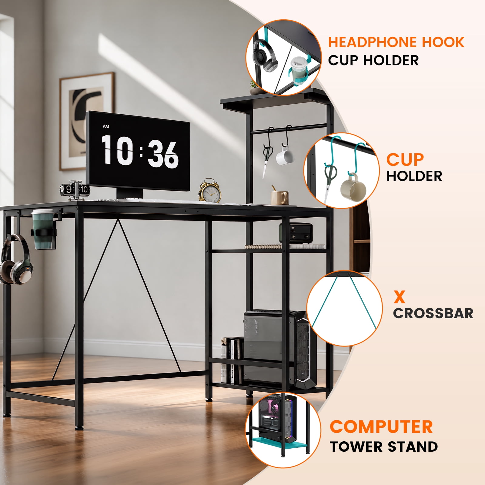 CLOUDREST PRO 44-Inch Computer Desk with LED Lights and 4-Tier Storage Shelves, Black