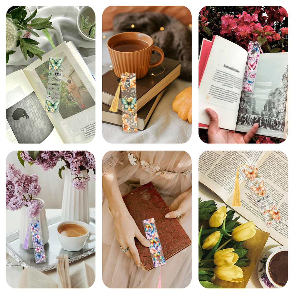 DIY Bookmark Making Kits including Kraft Paper Bookmark Display Cards Polyester Tassel Decorations Acrylic Bookmark Pendants and Stickers Butterfly