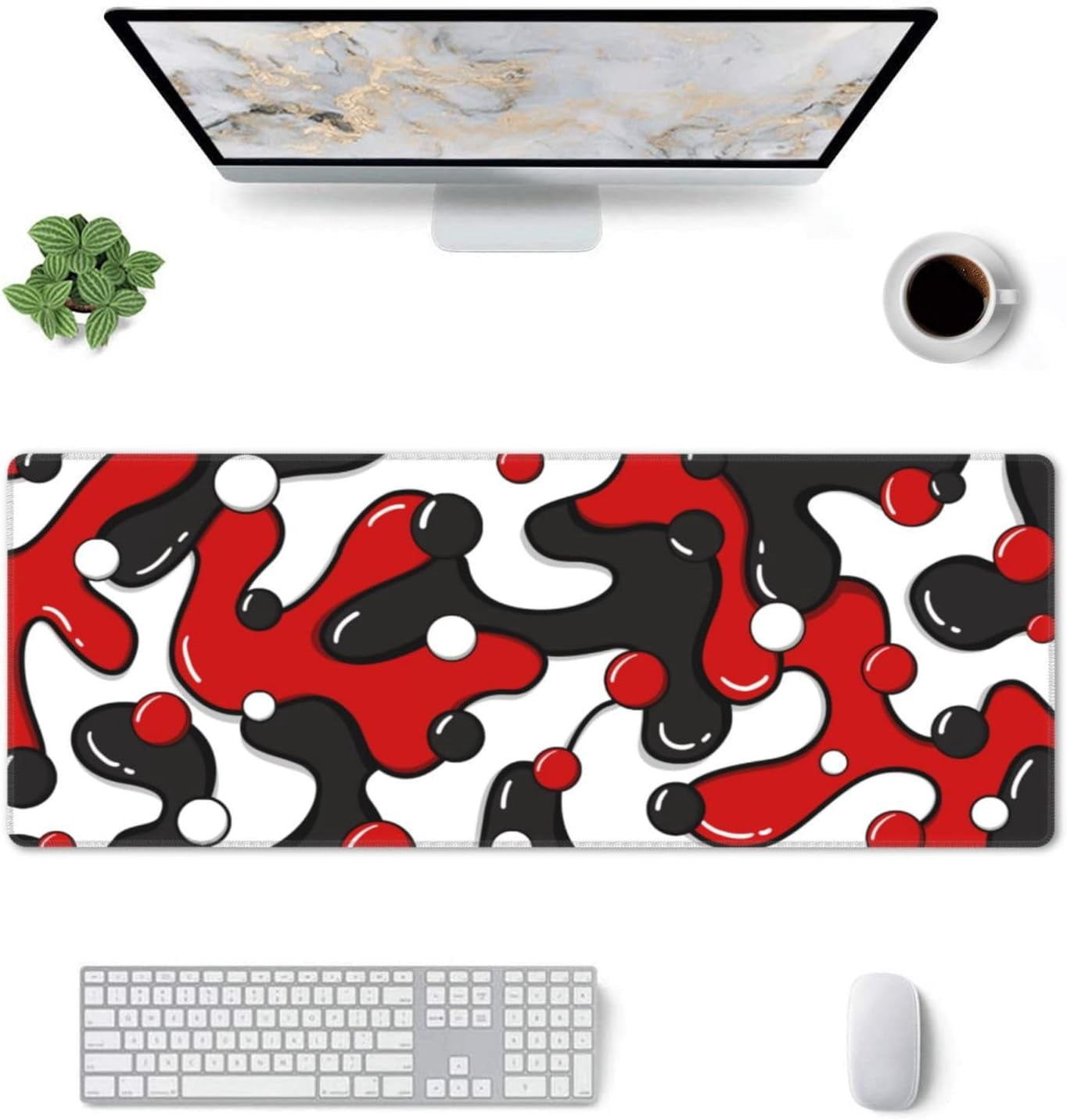 Red Black White Gaming Mouse Pad Desk Pad XL 31.5×11.8 Inch Japanese Anime Geometric Cool Extended Mousepad 30X80cm with Non-Slip Rubber Base Stitched Edge Large Desk Mat for Gamer Office Home Work