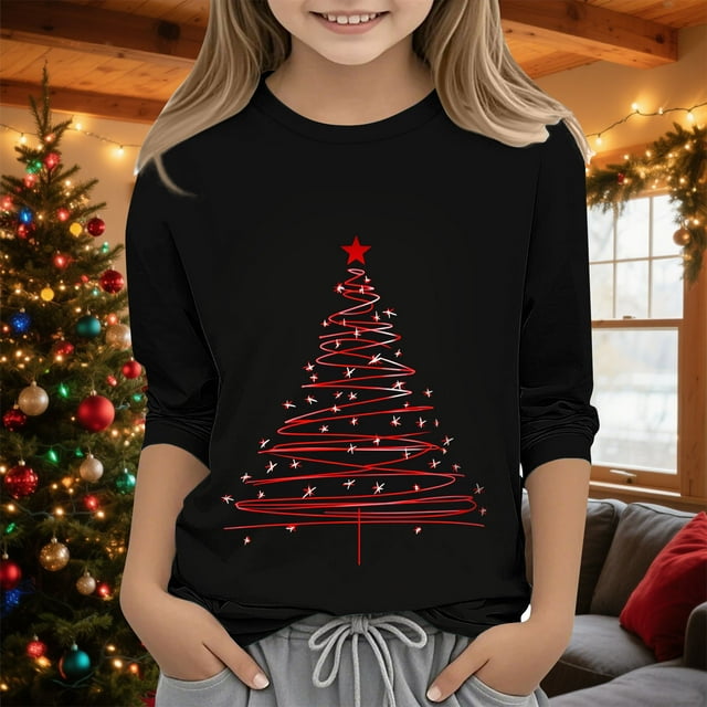 MKOSPLRT T-Shirts pour Enfants à Manches 3/4, Col Rond, T-Shirts Graphiques Arbre de Noël, T-Shirts Décontractés pour Fête de Noël, pour Fille Garçon 3-12 Ans