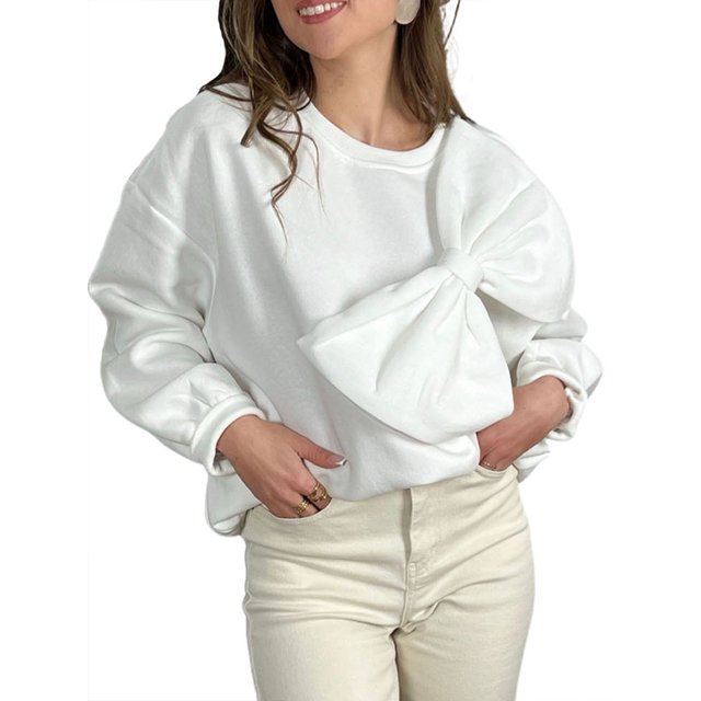 Gupgi Pull Ample pour Femmes Automne Mignon Nœud 3D Couleur Unie Manches Longues Col Rond Sweat-Shirt