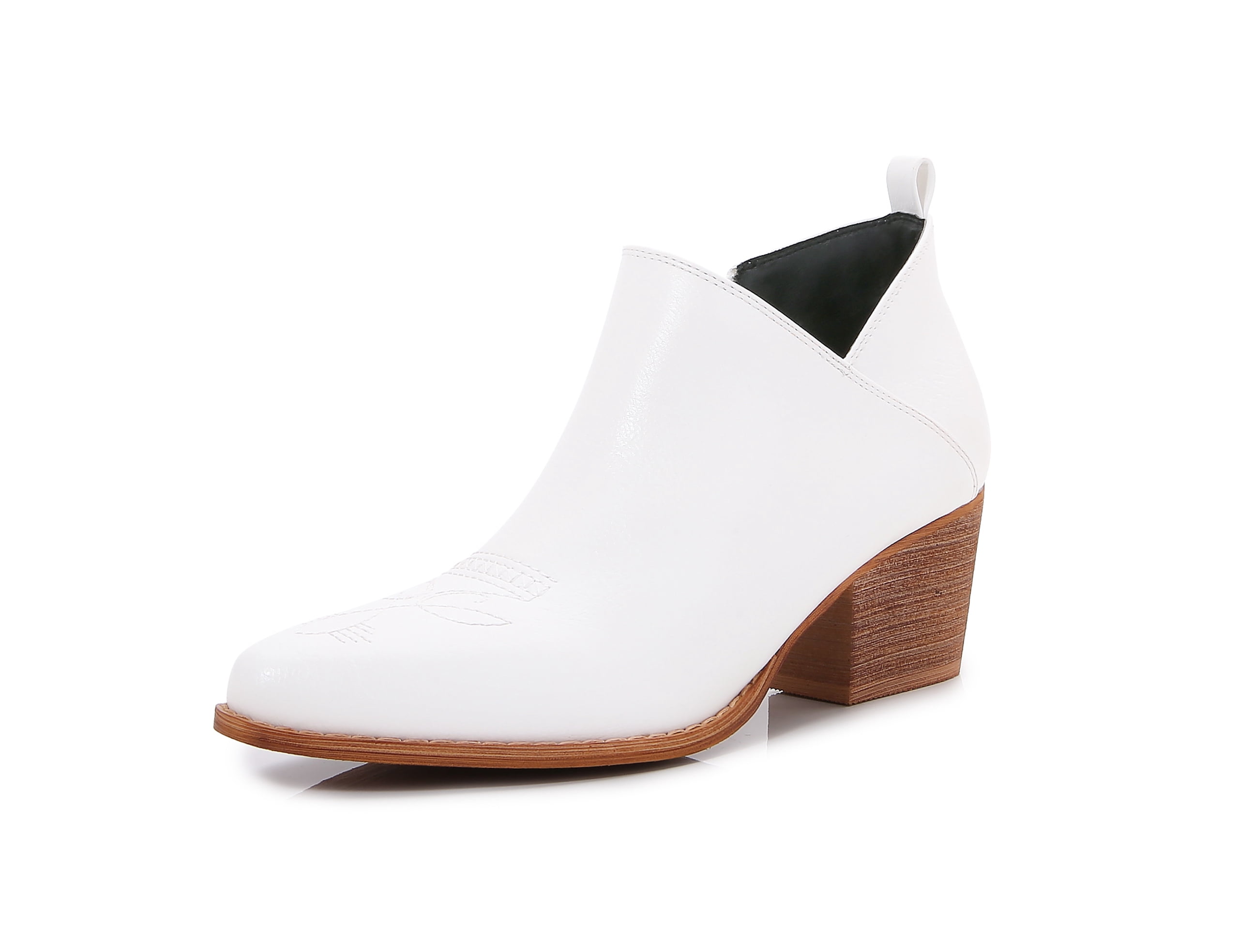 MM Women's embroidered Polyurethane Leather Wooden Heel Zippered Fashion Ankle Boots (White, 11)