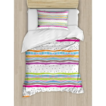 Striped Twin Size Duvet Cover Set, Abstract Wavy Stripes Polkadots Ribbons Bows and Hearts Girly Patterned Artwork, Decorative 2 Piece Bedding Set with 1 Pillow Sham, Multicolor, by Ambesonne