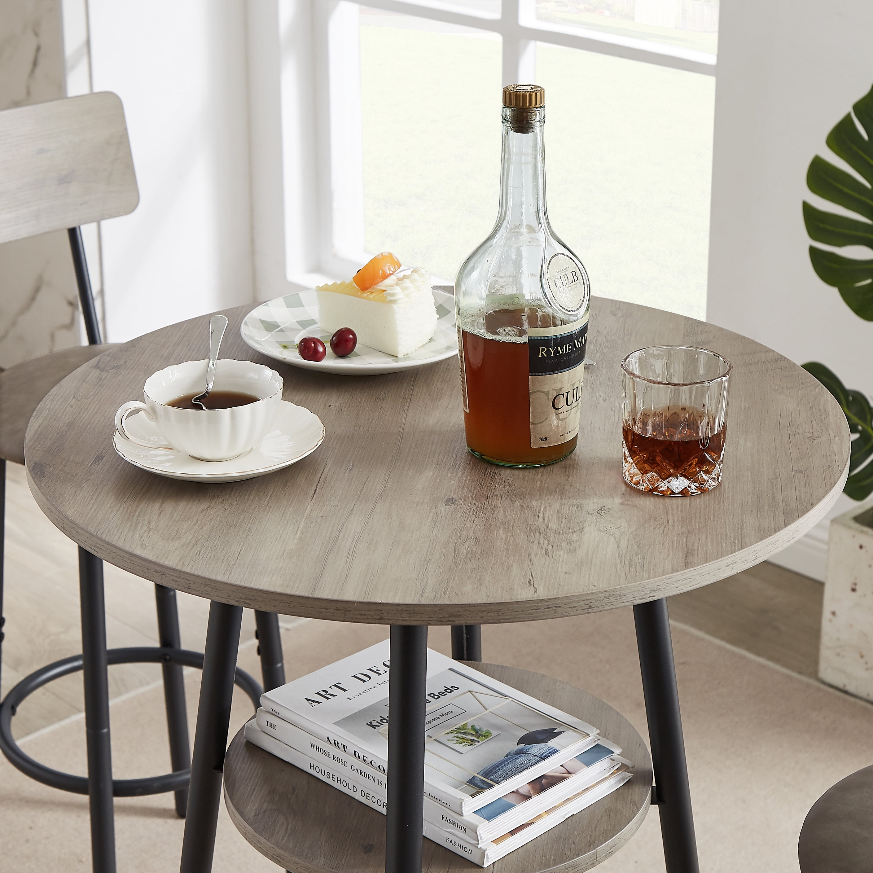 3-Piece Bar Table Set with 2 Stools, Minimalist Industrial Design, 23.62" Square Table with Shelf, PU Leather Padded Stools, Space-Saving for Small Spaces