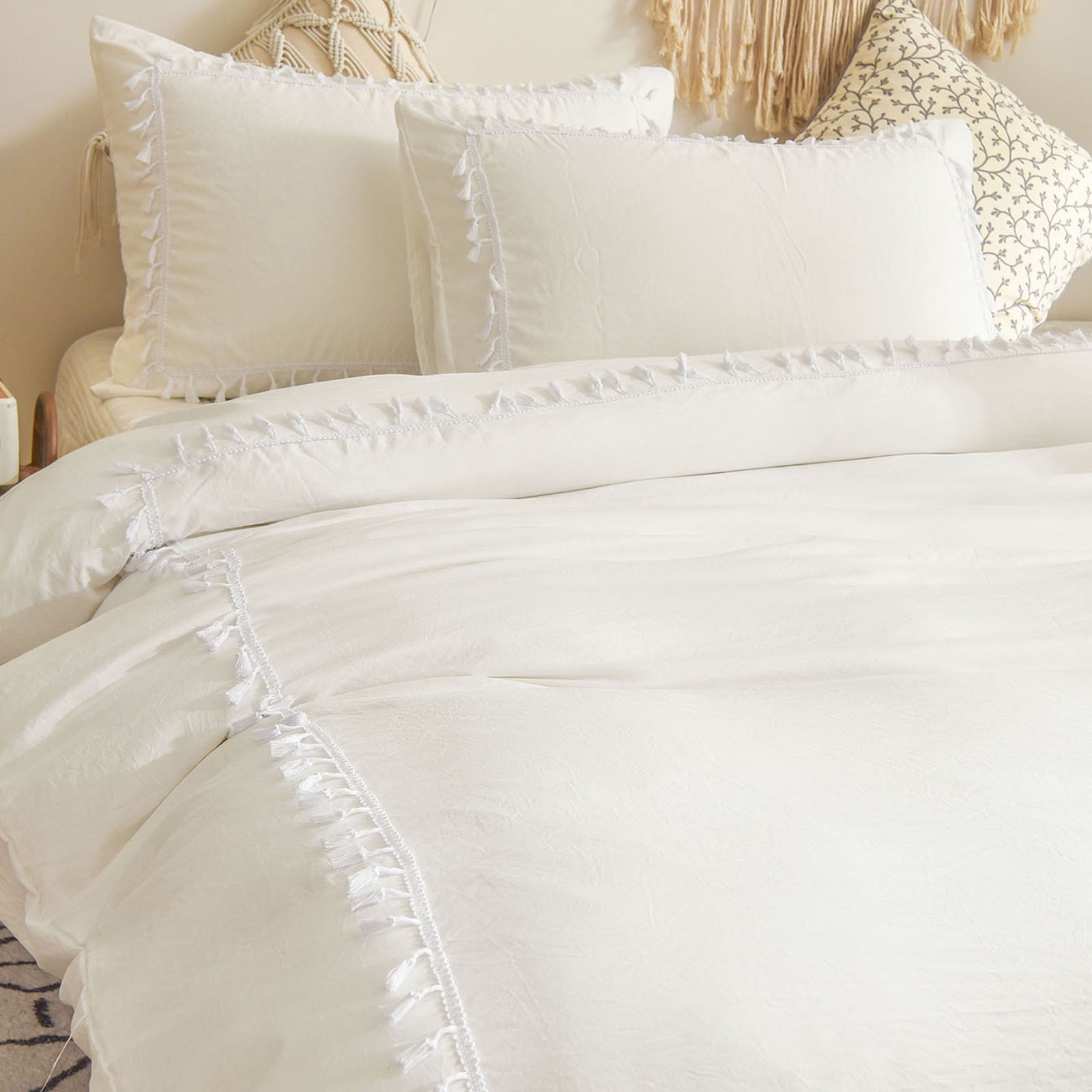 Move Over White Tassel Bedding Set Hollow Square Tassel Duvet Cover Set Pattern Washed Microfiber Queen No Filling