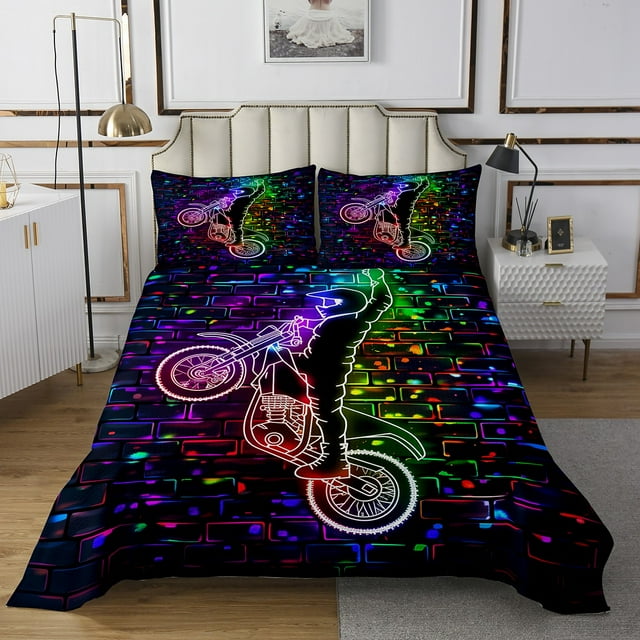 Motocross Rider Quilt Set Vehicles Dirt Bike Bedspread Set King,Racing Motorcycle Coverlet Set Race Cars Quilted,Motorbike Extreme Sports Room Decor