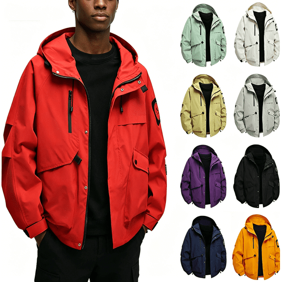 Zynoxe Mens Rain Jacket Waterproof Workwear Hooded Raincoat with Muti Pockets Outdoor Hook and Loop Cuffs Windbreaker Jacket Black S