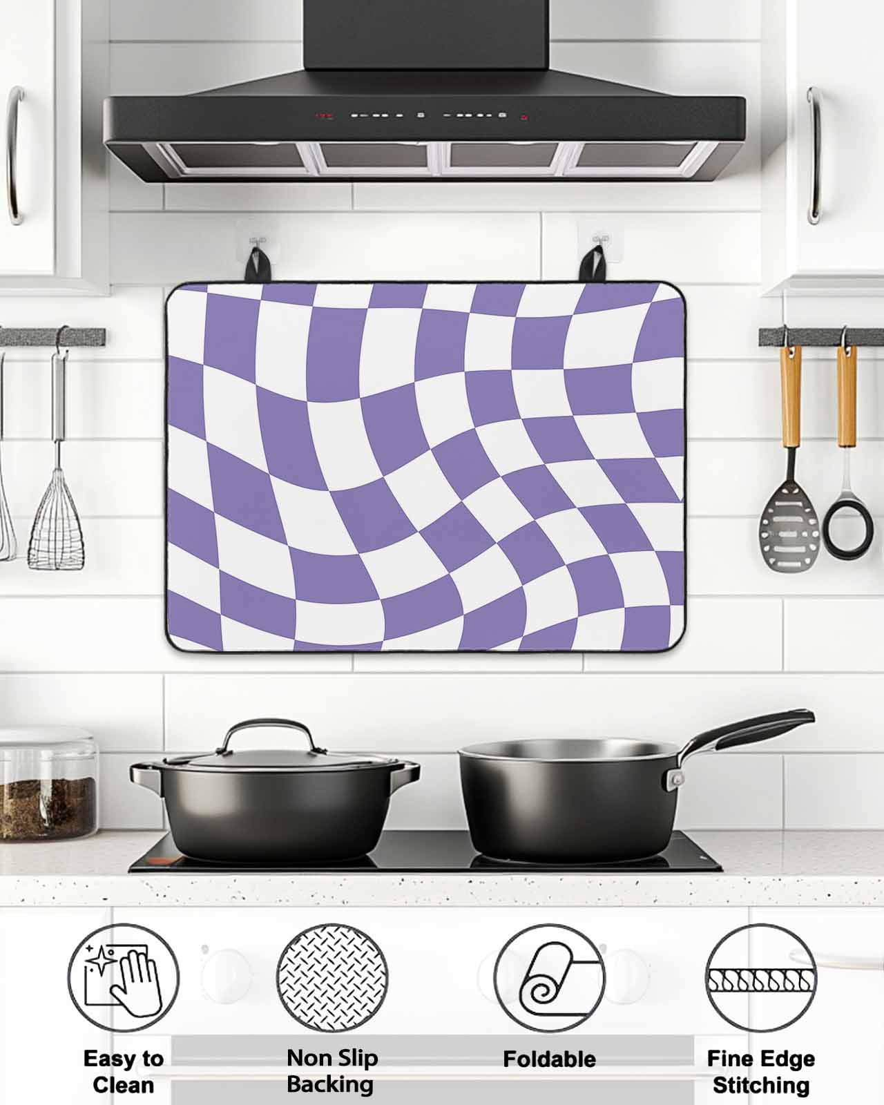 Stove Top Covers for Electric Stove, Purple White Checkered Glass Stovetop Cover Protector, Modern Irregular Geometric Induction Cooktop Protector Oven Mat for Kitchen Countertop 24"x21"