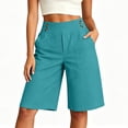 thumbnail image 2 of TFEOQRY Women's Bermuda Shorts Cotton Linen High Waisted Button Pocket Knee-Length Pants Solid Color Loose Casual, 2 of 4
