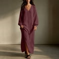 thumbnail image 4 of Guieoi Shift Dresses for Women 2026 Fall Long-Sleeve V-neck Cotton-Linen Split-Hem Dress Red L, 4 of 7