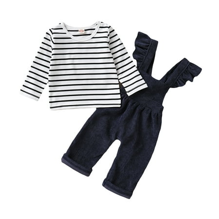 

KIMI BEAR Pants Outfits For Toddler Baby Girls 4T Girls Fall Winter Clothing Set Stripe Long Sleeve Top Corduroy Suspender Pants 2PCs Set 4-5 Years Blue