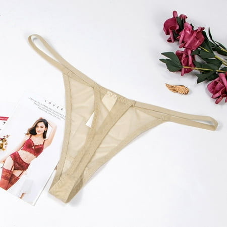 BYHONG Women Soild Sexy Embroidered Mesh Sheer Thong Panties T Pants Low Waist Plus Size Underwear Panties for Women Beige XXL
