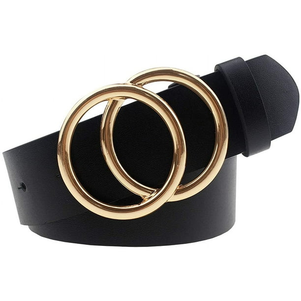 Cinturón de cuero de PU para mujer con doble anillo en O, cinturón de cintura de cuero sintético suave $Cinturón de cuero de PU para mujer con doble anillo en O Cinturones de cuero de imitación suave