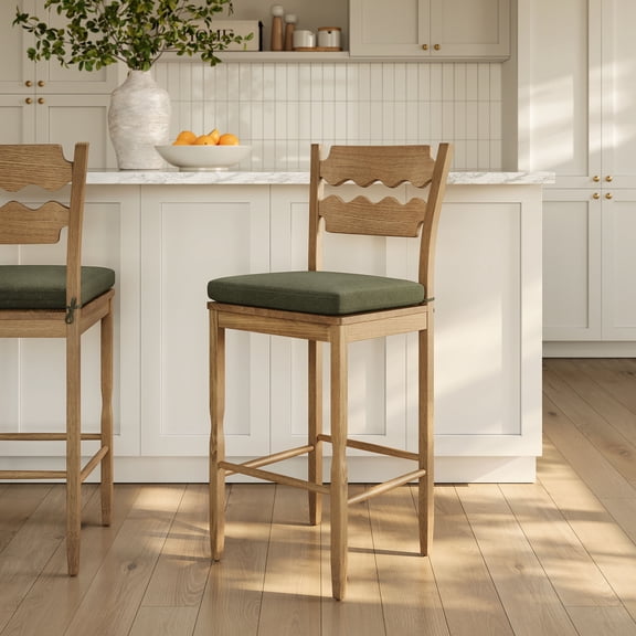 Jax Oak Wood Bar Stool With Wavy Razor Back and Cushion in Weathered Oak Sage