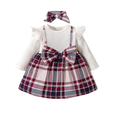 

Colisha Newborn Party Dress Crew Neck Dresses Long Sleeve Two Pieces Outfit Casual Fall Plaid White 6-9m/80