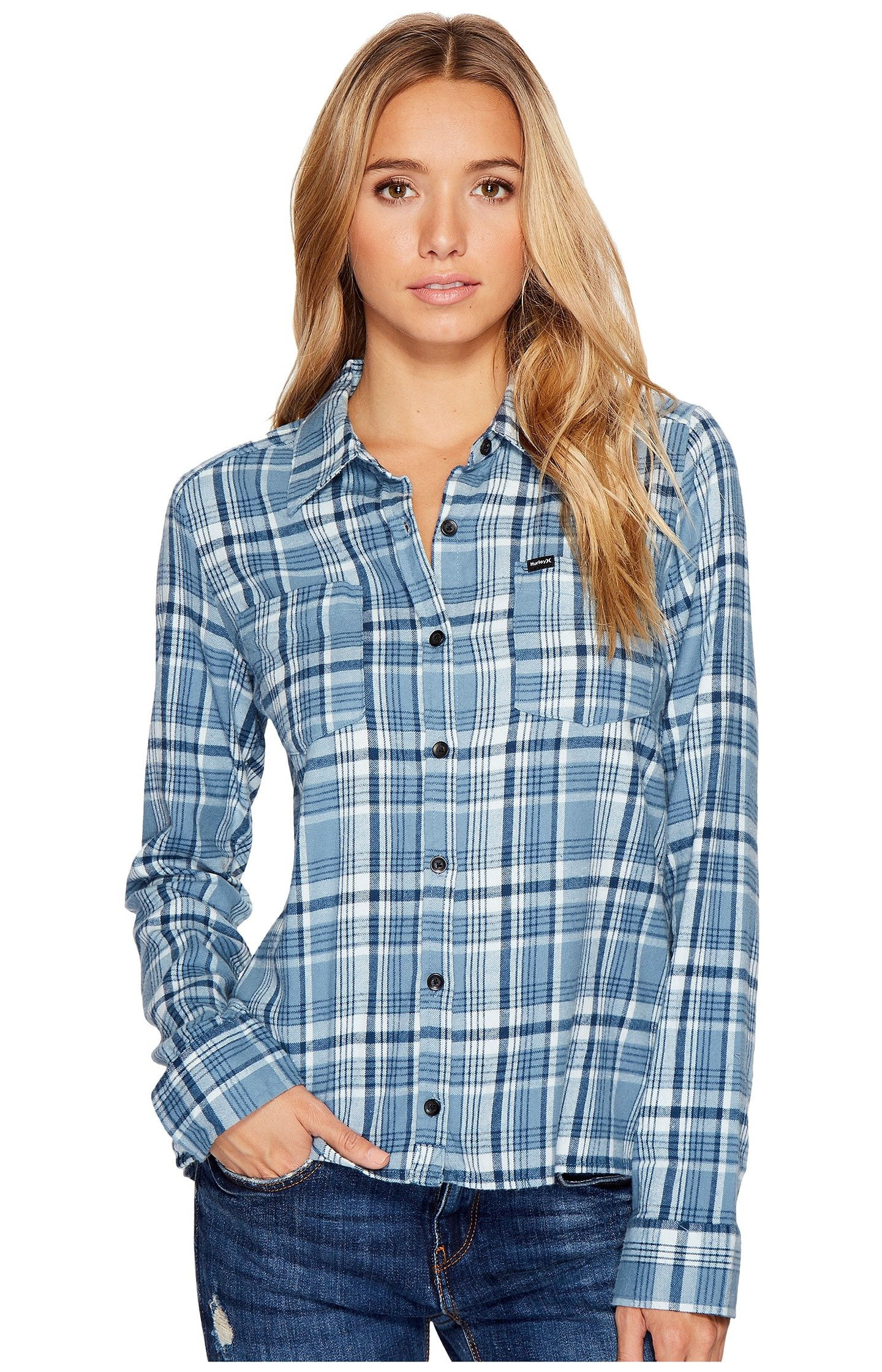 Hurley Womens Plaid Collared Long Sleeve Button Down Shirt