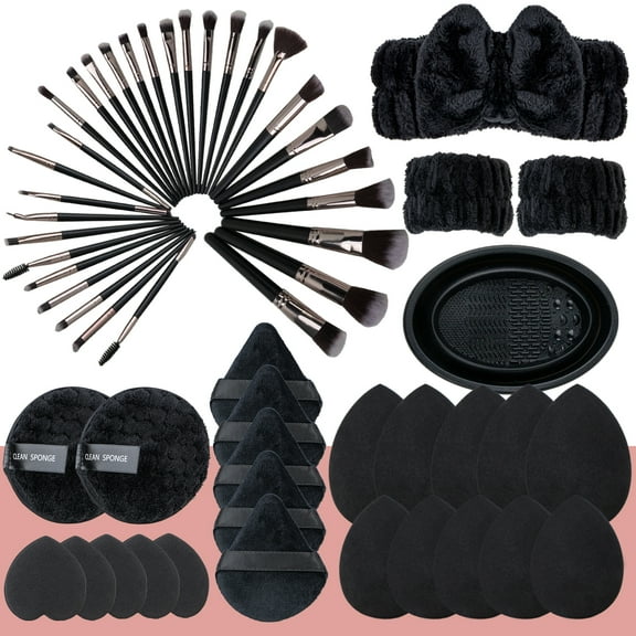 Makeup Tools Kit, 30 Pcs Makeup Brush Set for Foundation Eyeshadow, Beauty Essentials Set with Makeup Sponge, Powder Puffs, Face Wash Headband, Wristband for Beginner & Professional (Black Coffee)