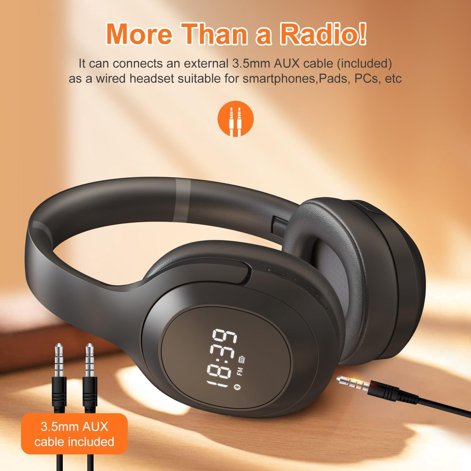 Wireless Bluetooth 5.2 FM Radio Headphones with Built-in Microphone, Ultra-Soft Ear Cushions, Stereo Noise Cancelling for Work/Travel/Sports