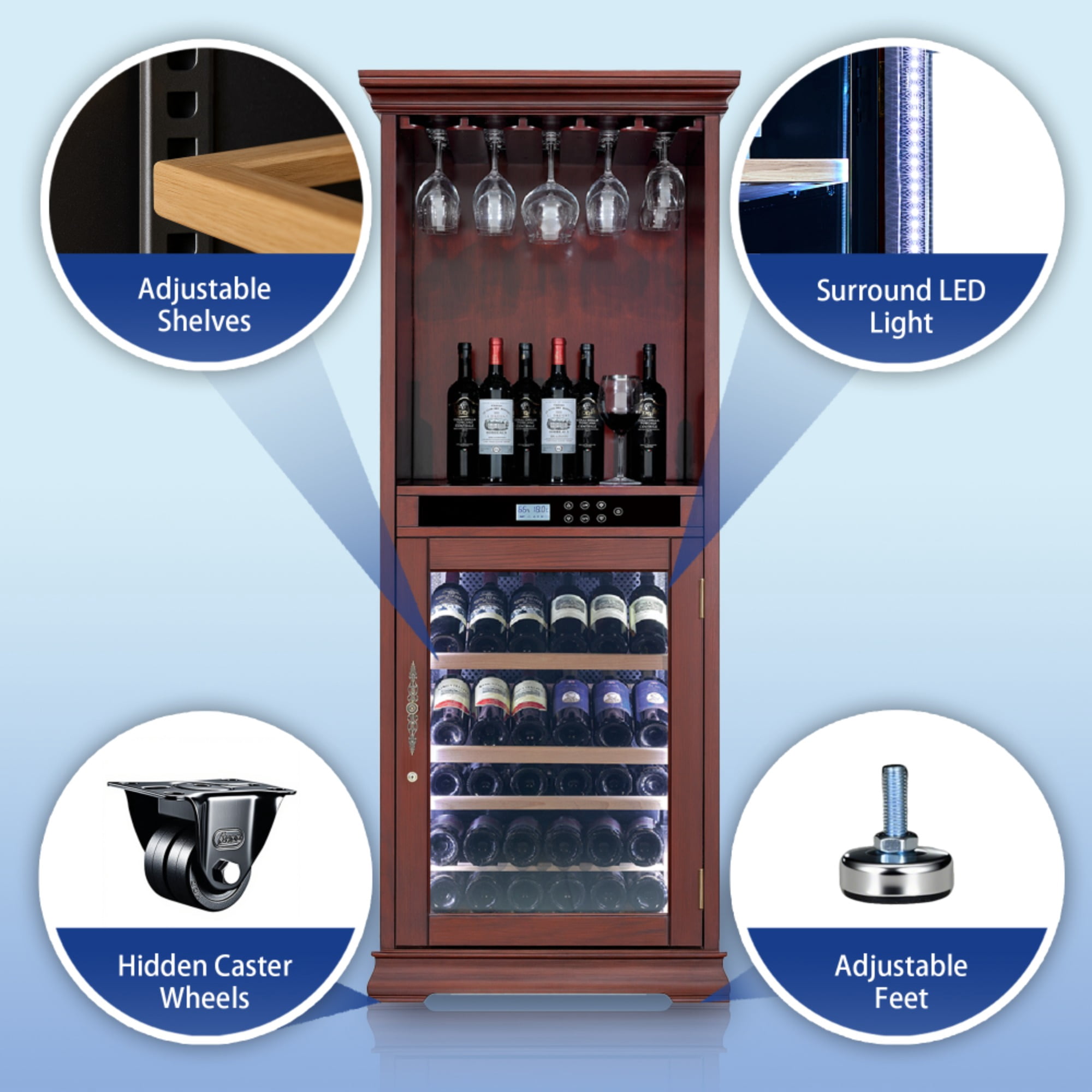 56 bottles Single Zone Wood Wine Cooler with Tempered Glass Door LED Lighting（LTL carry）