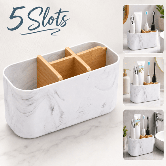 Toothbrush Holders for Bathrooms, Marble Toothbrush Organizer,5 Slots Bamboo Toothbrush Holder Electric Toothbrush Holder and Toothpaste Holder for Bathroom Countertop Accessories Storage