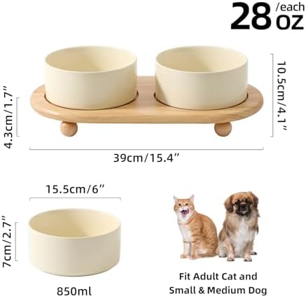Ceramic Elevated Dog Bowls, Food and Water Bowls for Dogs, Puppy, Raised Dog Dish, Pet Feeder(6inch, 2 x Beige + Stand)