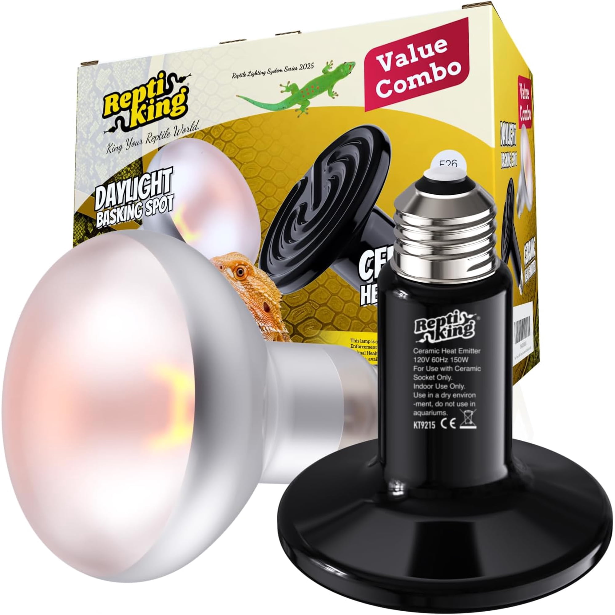 Reptile Dual Heat Lamp: 150W Ceramic Heat Emitter and Daylight Basking Bulb – Heat Bulbs Combo for Terrariums, Ideal for Bearded Dragons, Tortoises, Snakes