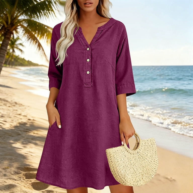 cotton summer dresses for work nerohusy Womens Midi Summer Dresses with Drop Waist Sleeveless Tank  Sundress Cotton Linen Crew Neck Flowy Beach Vaction Work Dress Light Blue,M