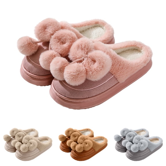 Pandaie Suede House Slippers for Women Pompoms Bow Slip on Home Shoes Platform Plush Fuzzy Bedroom Slipper Indoor Outdoor Brown 6.5