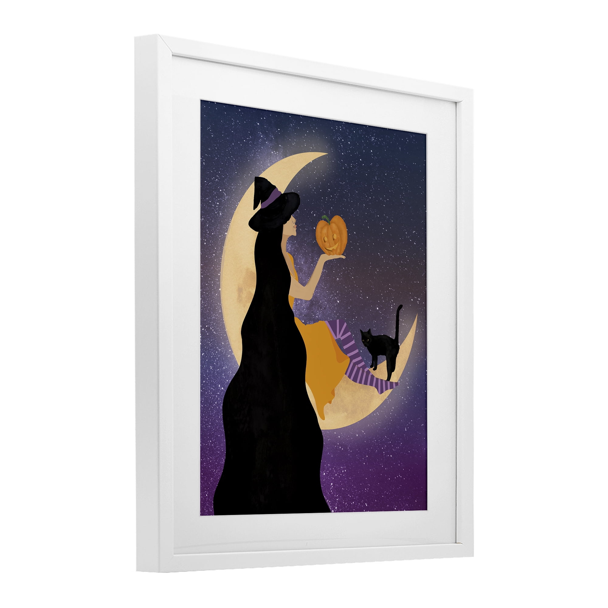 Stupell Industries Moonlit Witch Holding Jack-o-Lantern White Framed Print Under Glass, design by Daniela Santiago