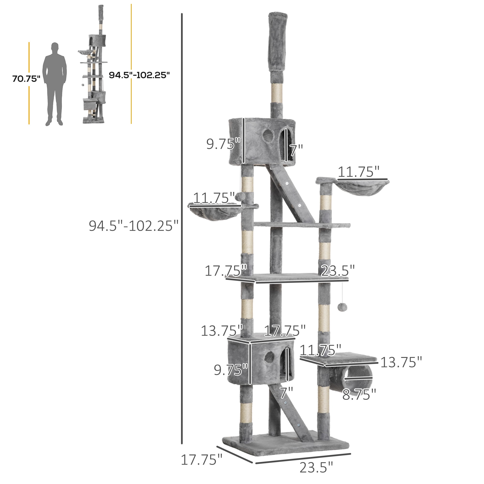 PawHut Floor to Ceiling Cat Tree, 94.5"-102.5" Height Adjustable Cat Climbing Tower with Scratching Posts, Condos, Hammocks, Platforms, Dangling Balls