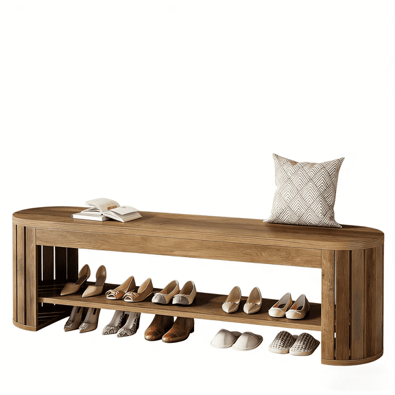 Fnova 63 Inch Farmhouse Entryway Shoe Bench, MDF Storage Bench with Vertical Slat Arc Legs for Bedroom Living Room Entrance