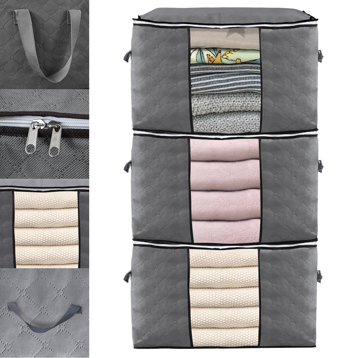 Grey1, 3 Packs DESTRIC Foldable Storage Bag Organizers Clothes Storage Boxes-Waterproof Anti-Mold Moisture Proof Clothes Storage with Clear Window Carry Handles for Blanket Comforter Bedding 