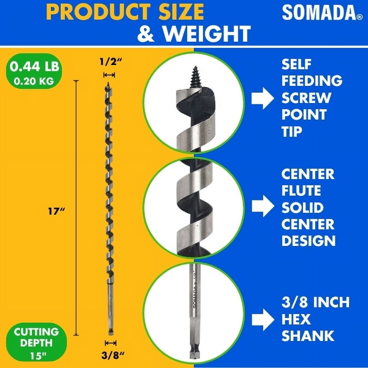 SOMADA 1/2-inch x 17-inch Auger Drill Bit for Wood, Hex Shank 3/8-inch, Ship Auger Long Drill Bit for Soft and Hard Wood, Plastic, Drywall and Composite Materials