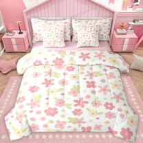 Castle Fairy Kawaii Pink Flowers Twin Bedding Sets 7-Piece for Children Teens Adults,Dreamy Princess Bedding Comforter Set Microfiber,Spring Garden Breathable Sheet Sets,Microfiber Bedroom Decor