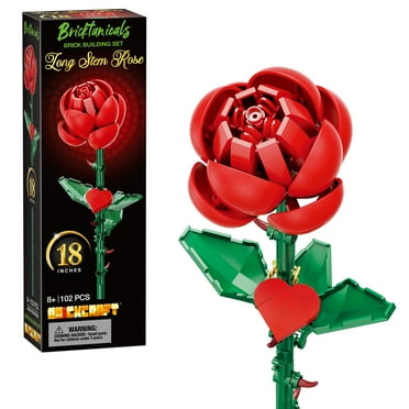 Brickcraft Red Long Stem Rose Brick Building Kit (102-Plastic Piece Set), Seasonal Gift for His & Hers, Customizable Heart Pendant with Chain, Artificial Flower Craft