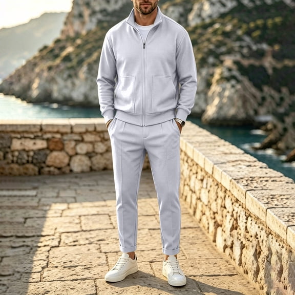 LYSMORA 2026 Men's Waffle Knit Zip Jacket Cuffed Pants Tracksuit, Stand Collar Loose Fit Casual Daily Outfit Set